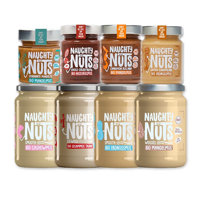 Großes Nussmus Bundle mit acht Gläsern Naughty Nuts Nussmus in verschiedenen Geschmacksrichtungen