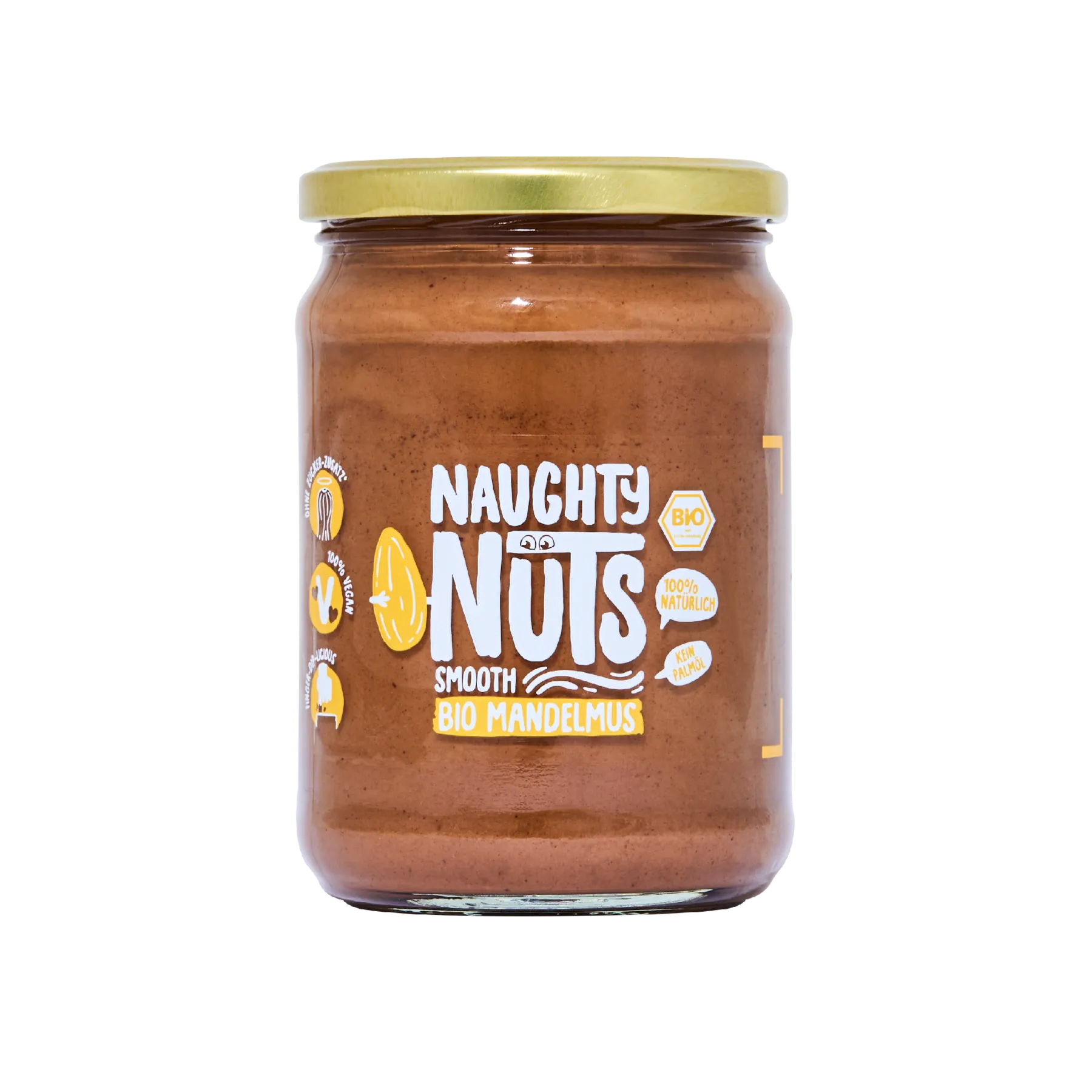 Bio Mandelmus Smooth im 500g Glas mit Naughty Nuts Logo