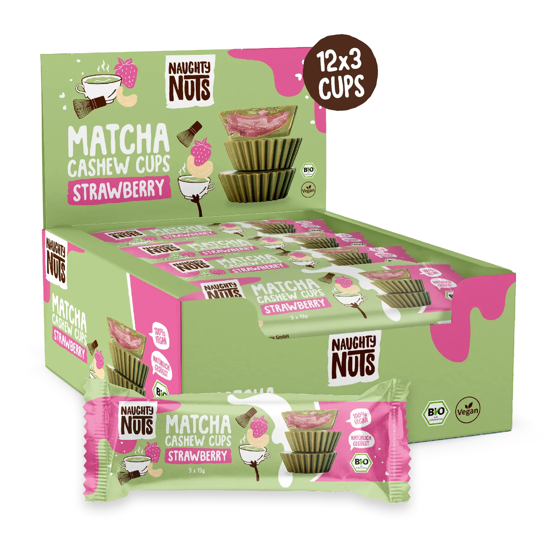 Naughty Nuts Matcha Cashew Cups Erdbeere 12x3er Packung