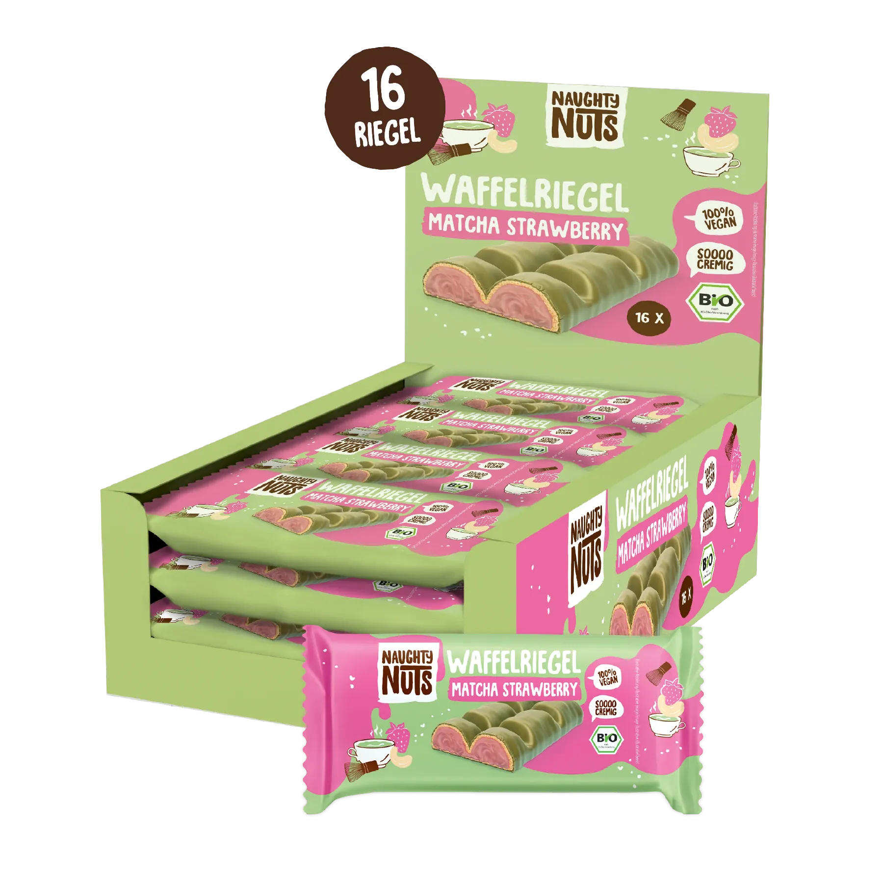 Waffelriegel Matcha Strawberry Displaybox mit 16 Riegeln