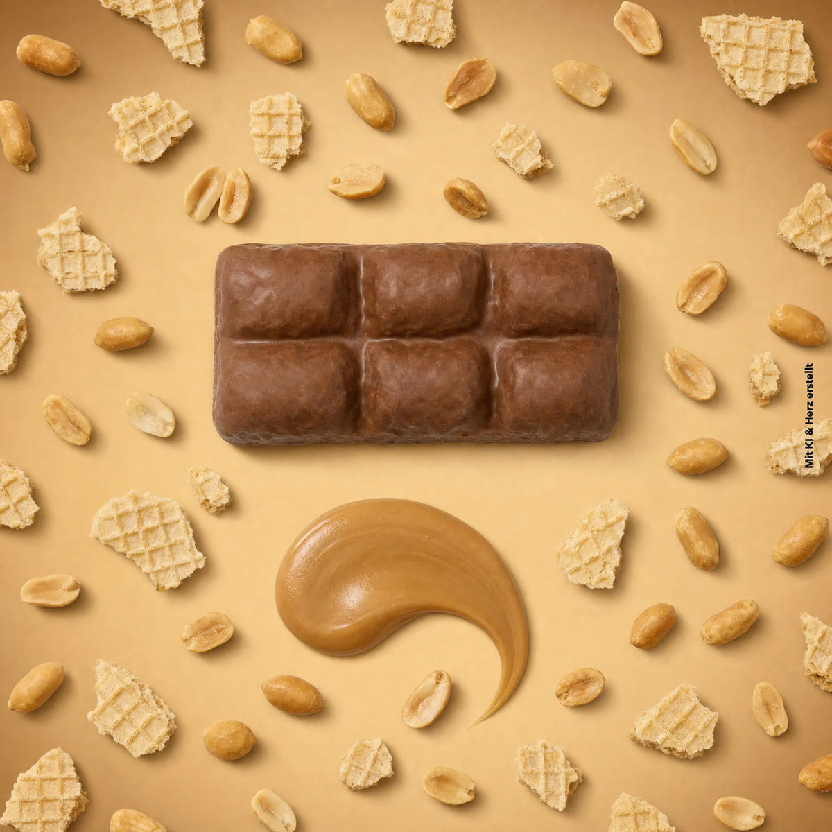 Bio Waffelriegel Peanut Salted Caramel umgeben von Erdnüssen und Waffelstücken mit einem Klecks Erdnusscreme