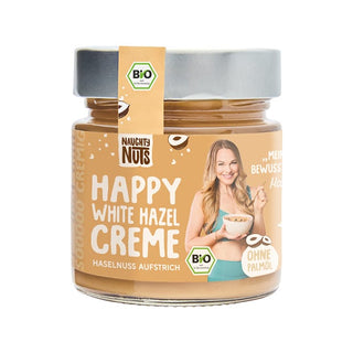 Happy White Hazel Creme Haselnuss Aufstrich im Glas mit Bio-Siegel und Frau auf Etikett