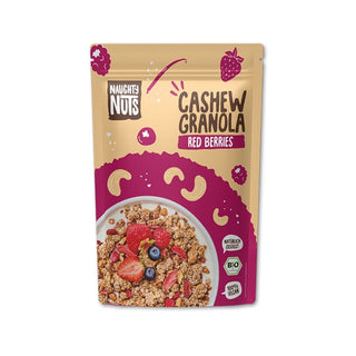Bio Cashew Granola Red Berries Packung mit Schüssel Müsli und Beeren