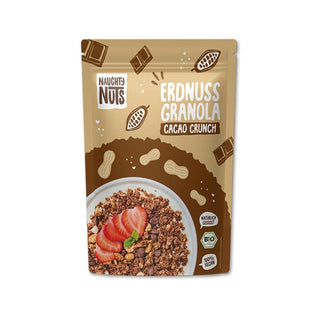 Bio Erdnuss Granola Schoko Verpackung mit Schüssel Müsli und Erdbeeren