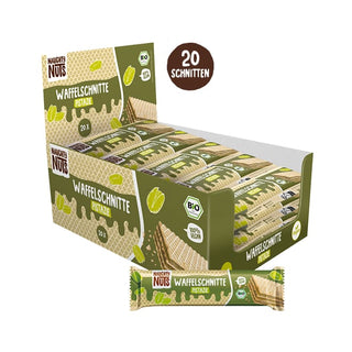 Bio Waffelschnitte Pistazie 20er-Packung mit einer einzelnen Waffelschnitte davor