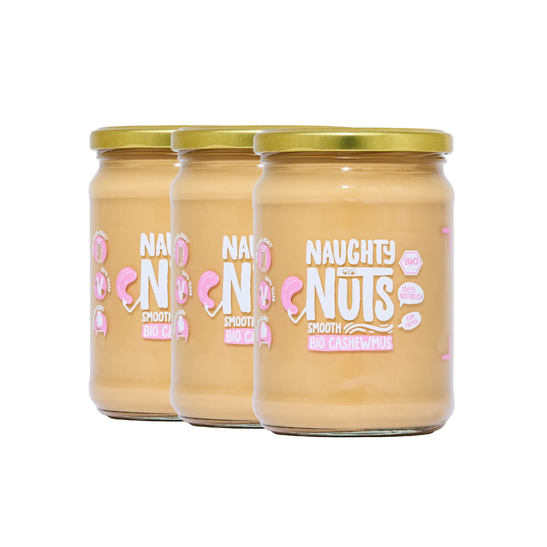 Drei Gläser Bio Cashewmus Smooth mit goldenem Deckel vor weißem Hintergrund