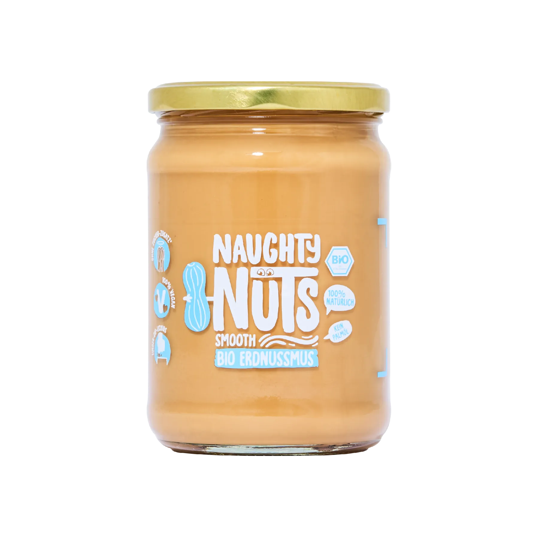 Bio Erdnussmus Smooth im 500g Glas mit goldfarbenem Deckel