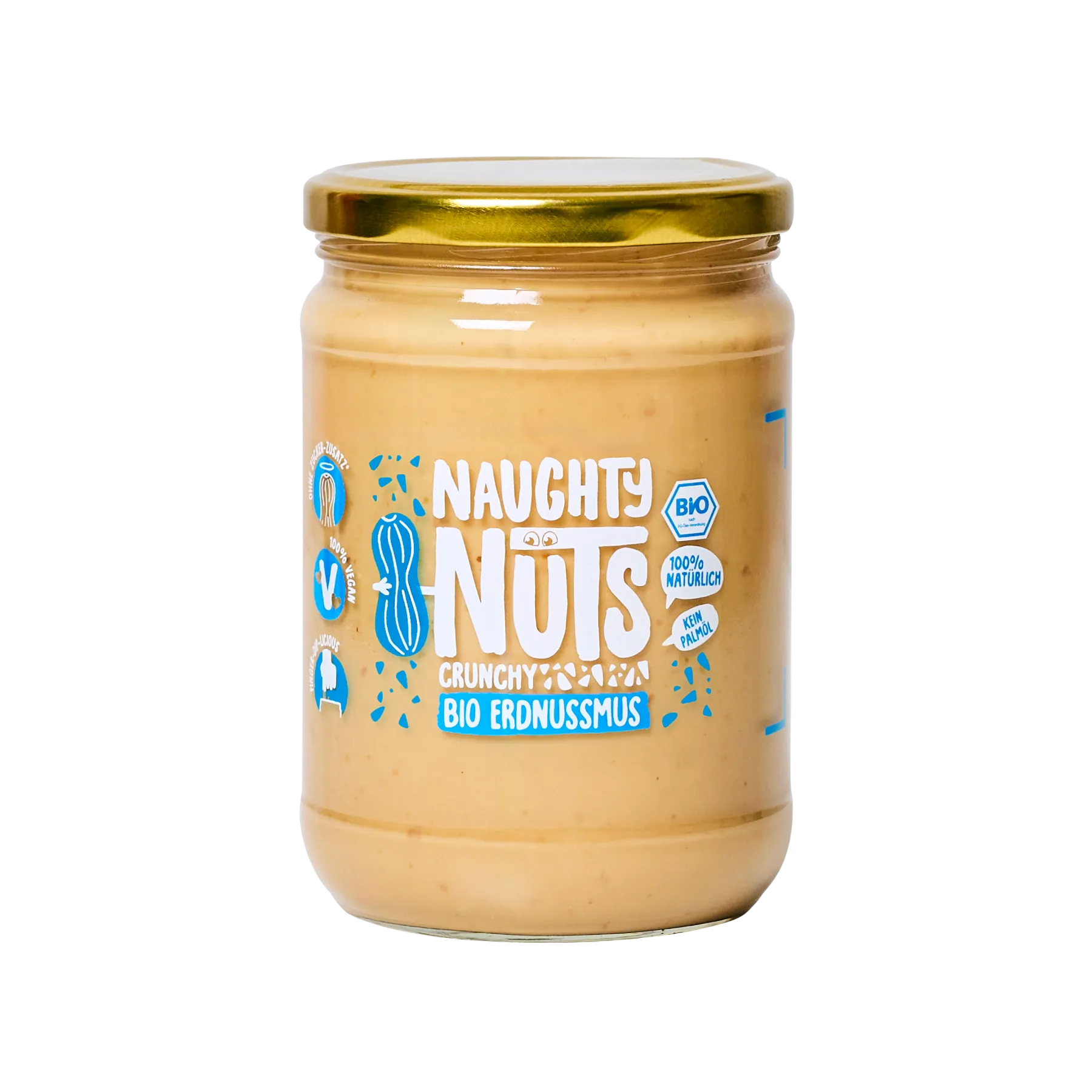 Bio Erdnussmus Crunchy im 500g Glas mit Naughty Nuts Logo