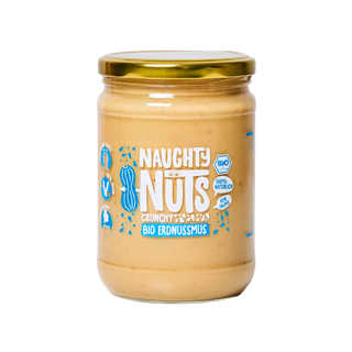 Bio Erdnussmus Crunchy im 500g Glas mit Naughty Nuts Logo