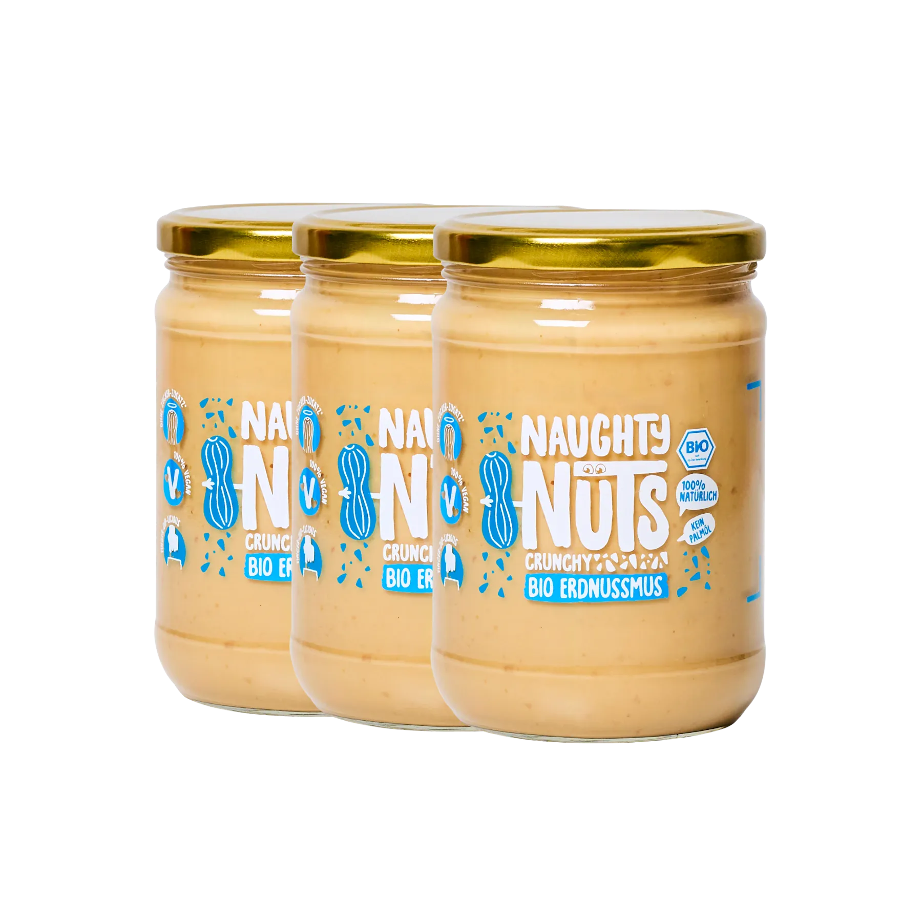 Drei Gläser Bio Erdnussmus Crunchy von Naughty Nuts vor weißem Hintergrund