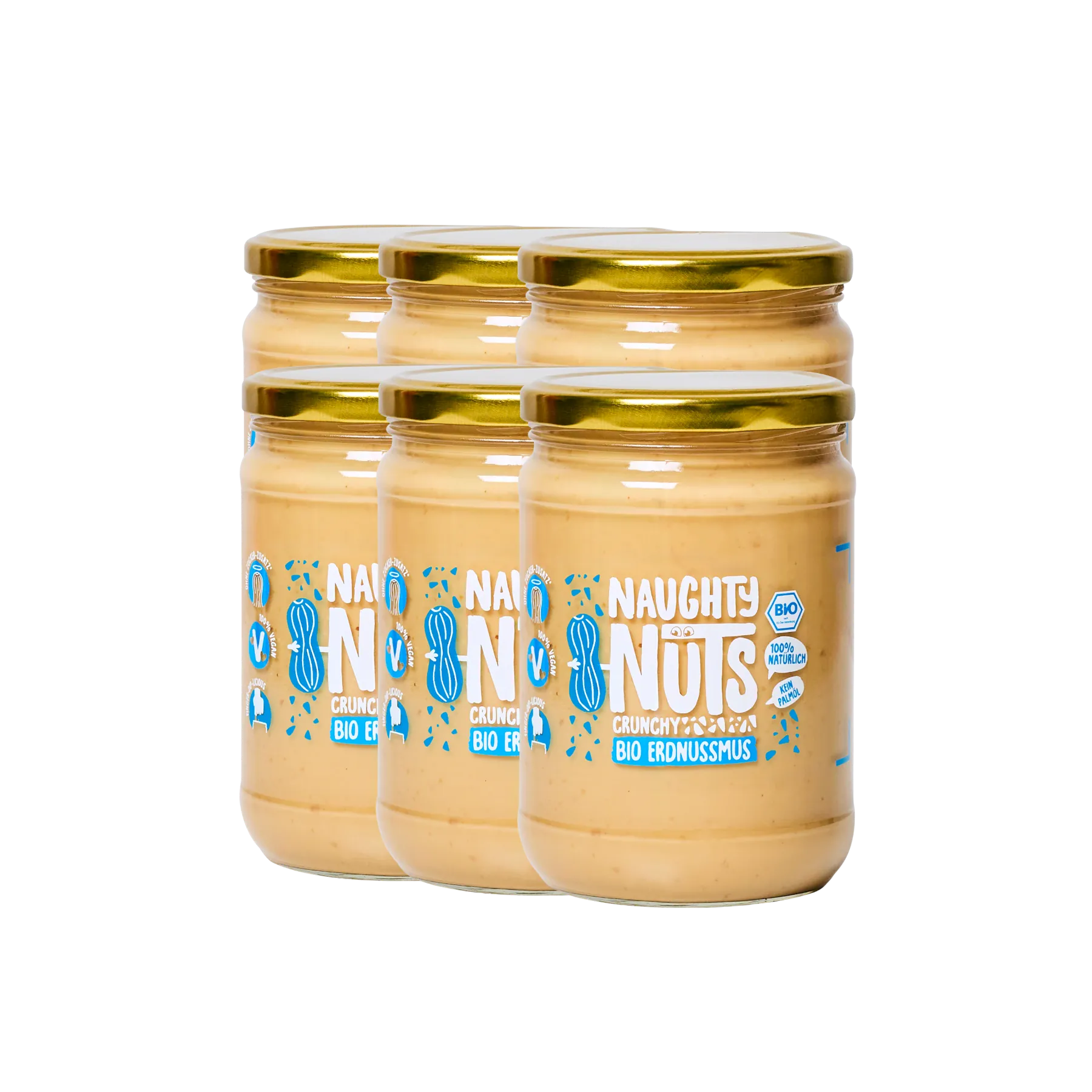 Sechs Gläser Bio Erdnussmus Crunchy von Naughty Nuts mit goldenem Deckel
