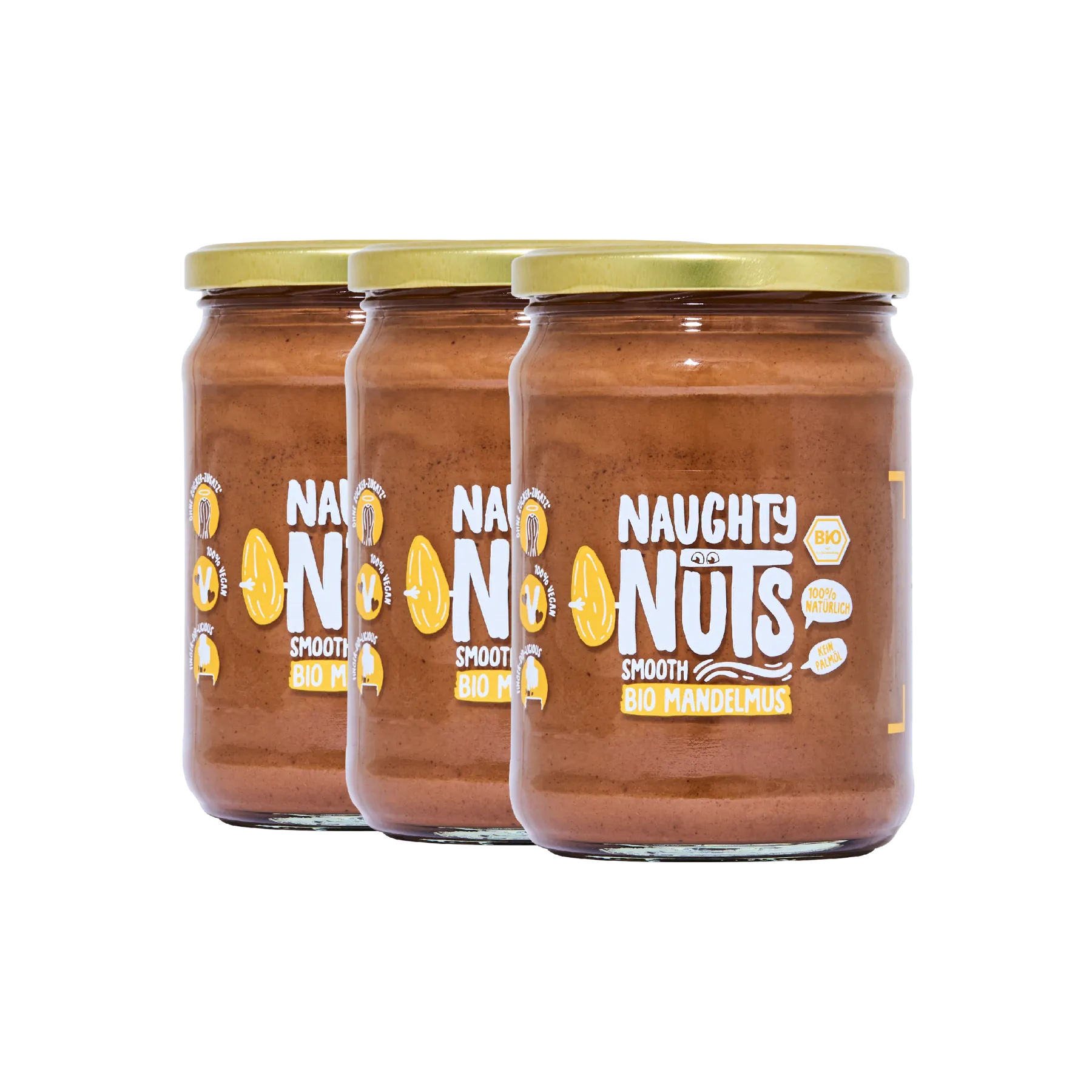 Drei Gläser Bio Mandelmus Smooth von Naughty Nuts vor weißem Hintergrund