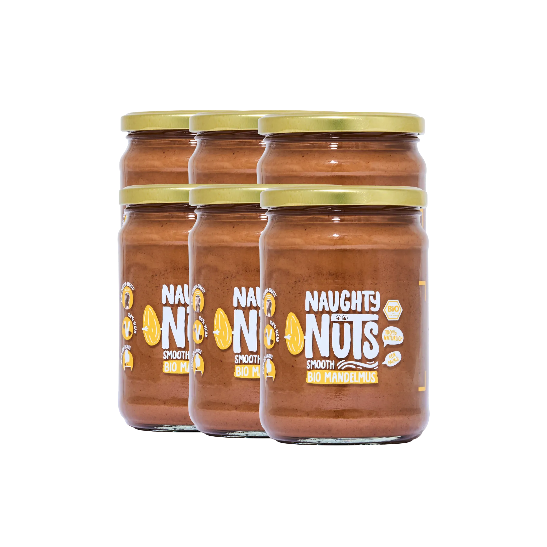 Sechs Gläser Bio Mandelmus Smooth 500g mit goldenem Deckel vor weißem Hintergrund