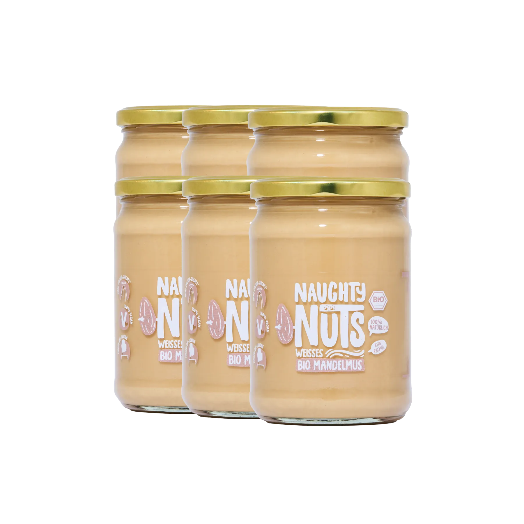 Sechs Gläser Bio Weißes Mandelmus von Naughty Nuts angeordnet in zwei Reihen