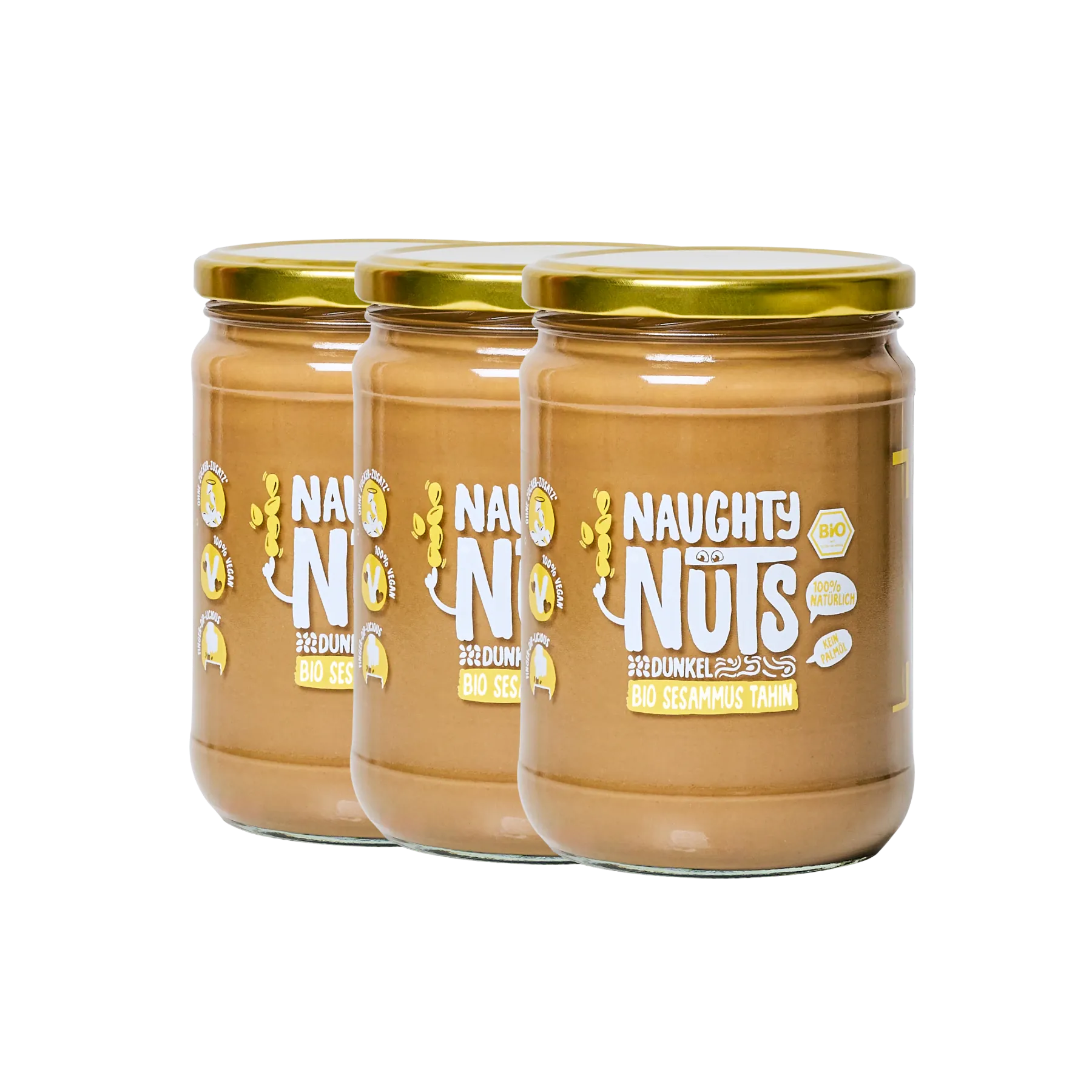 Drei Gläser Bio Sesammus Tahin dunkel von Naughty Nuts