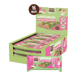 Waffelriegel Matcha Strawberry Displaybox mit 16 Riegeln