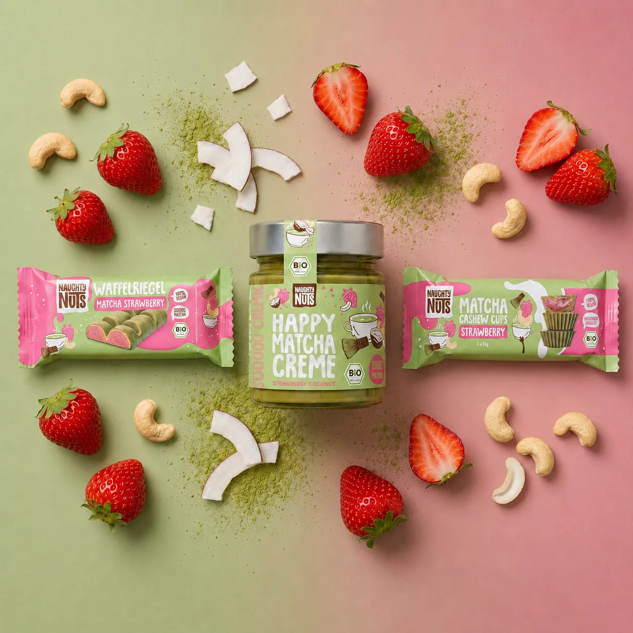Naughty Nuts Happy Matcha Creme, Waffelriegel und Cashew Cups mit Erdbeeren, Cashews und Kokosnussstücken