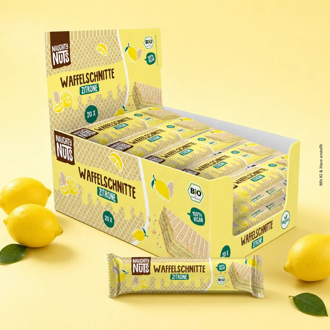 Verkaufsdisplay mit 20 Bio Waffelschnitten Zitrone und eine einzelne Waffelschnitte davor