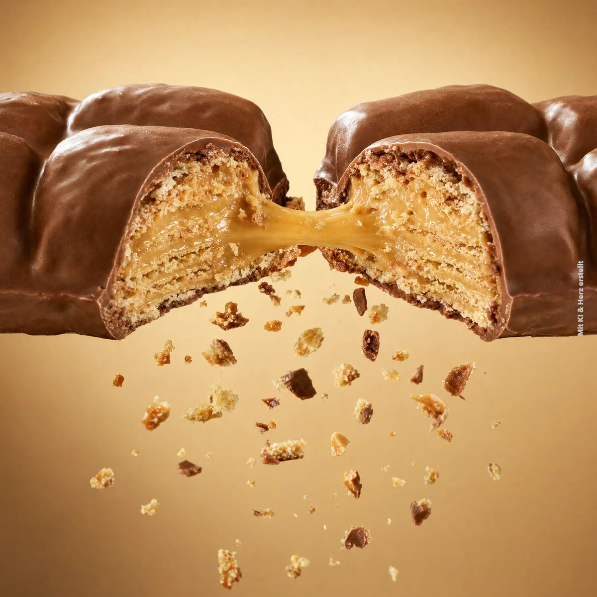 Bio Waffelriegel Peanut Salted Caramel in zwei Hälften gebrochen mit flüssigem Karamellkern und herabfallenden Krümeln